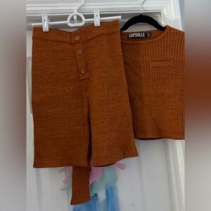 Ribbed High-Waist Rust Knit Pants